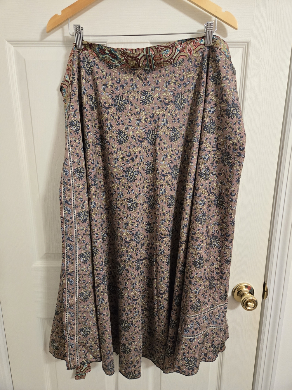 Bohemian Hippie Floral Maxi Wrap Skirt in Mauve and Blue Fully Reversible